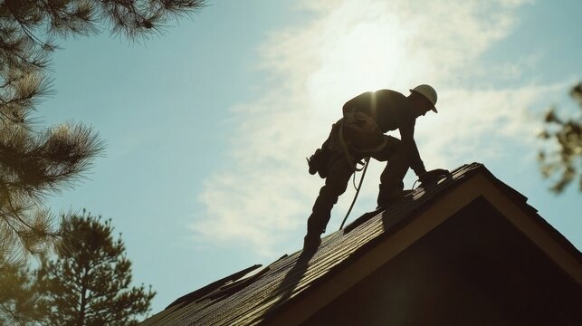 Silhouette of roofer on roof ridge with harness