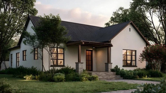 Modern Texas ranch home with sleek dark metal roof