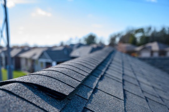 Macro detail of ridge cap shingles and granule density